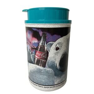 Vintage 1995 Coca-Cola Polar Bear Perkins Travel Mug Whirley Teal Lid 1990s 6in